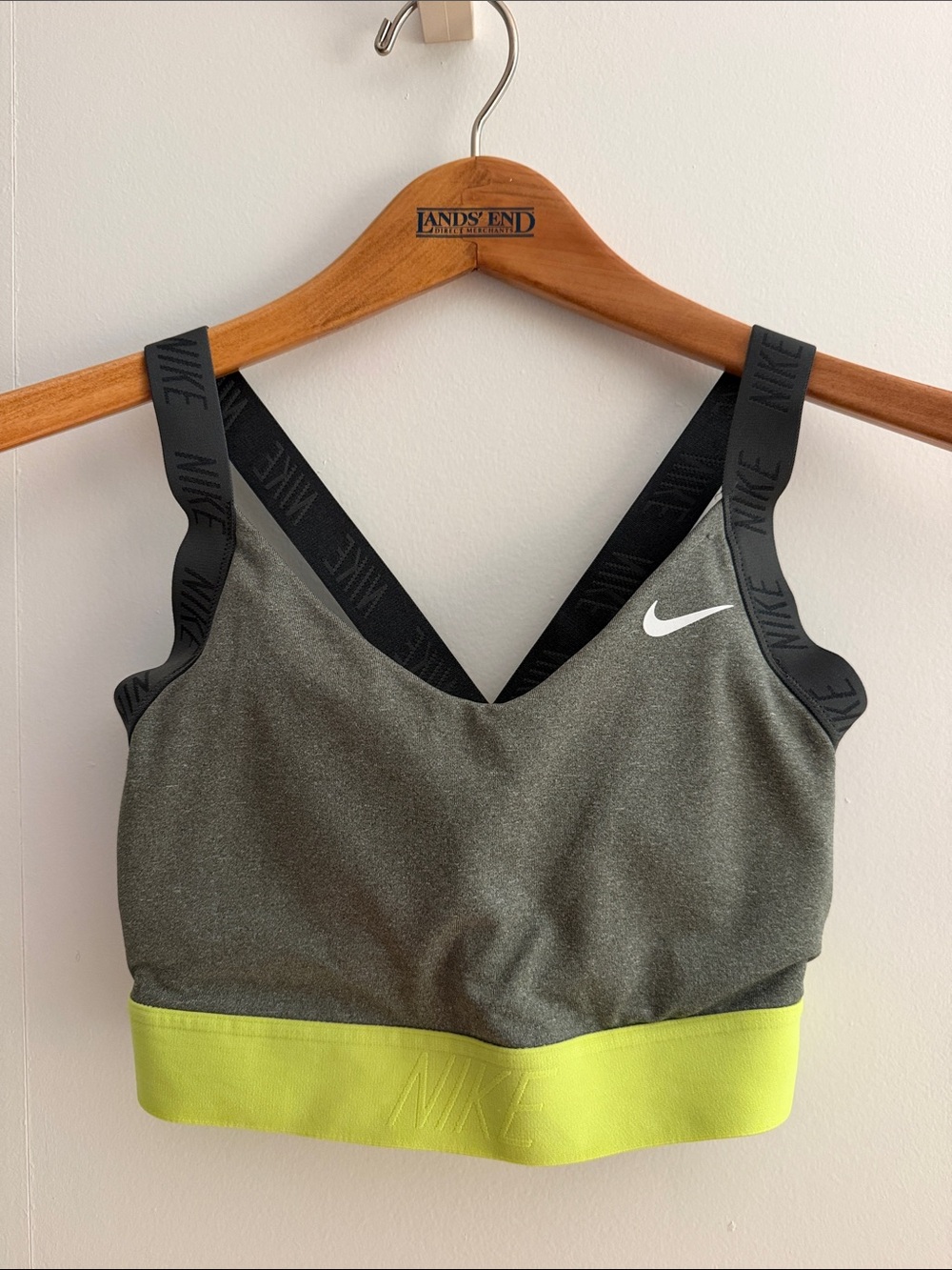Nike Gray Sports Bra with Neon Yellow Band and Black Straps